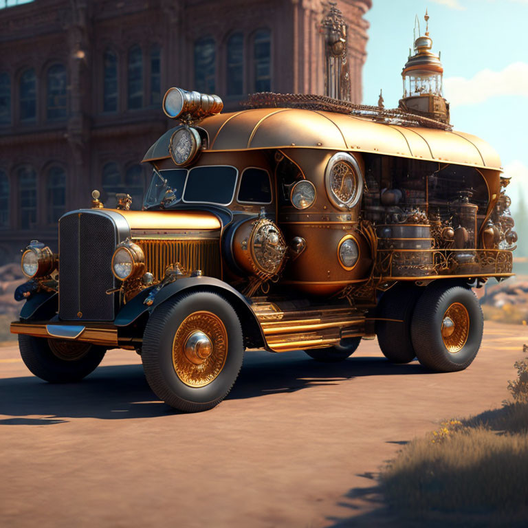 Vintage Bus with Steampunk Modifications and Brass Fixtures in Front of Elegant Building