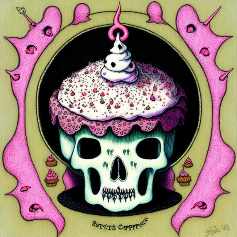 Skull and Cupcake Illustration with Pink Tentacles and Text