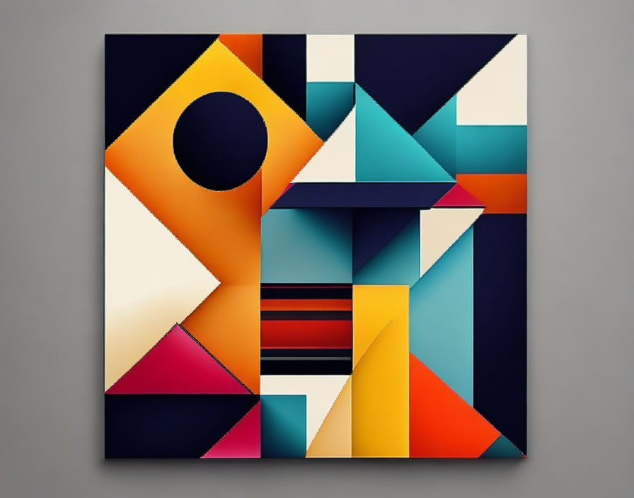 Vibrant Geometric Painting: Circles, Triangles, and Stripes on Grey
