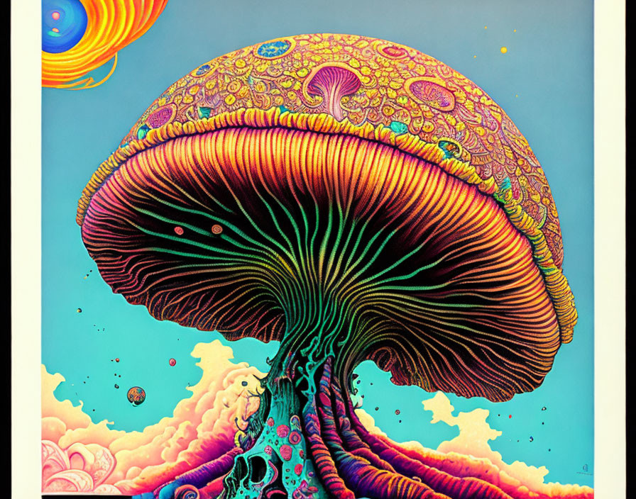 Colorful Stylized Mushroom Illustration with Celestial Background