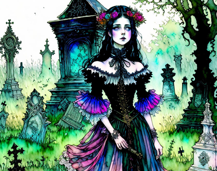 Gothic woman in Victorian dress in cemetery with ornate tombstones