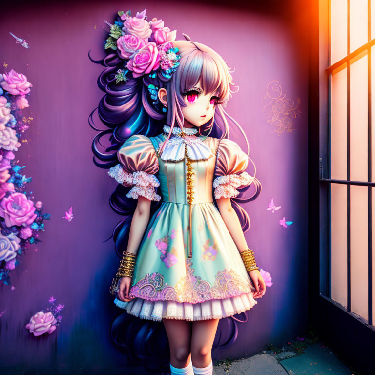 Whimsical anime-style girl in ornate dress by purple wall