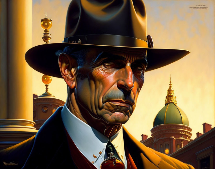 Stern-faced man in suit and fedora against cityscape at sunset