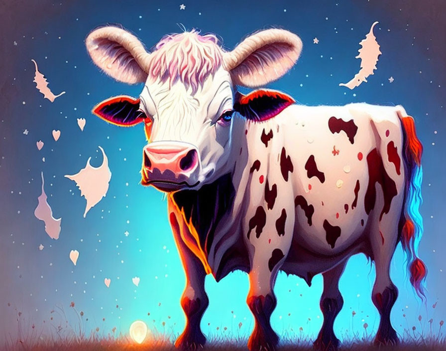 Colorful Cow Illustration with Whimsical Background and Butterflies