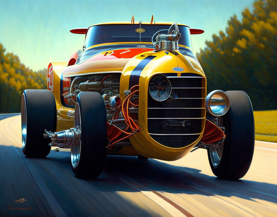 Classic hot rod with Ford engine, racing number 5, yellow and red paint.