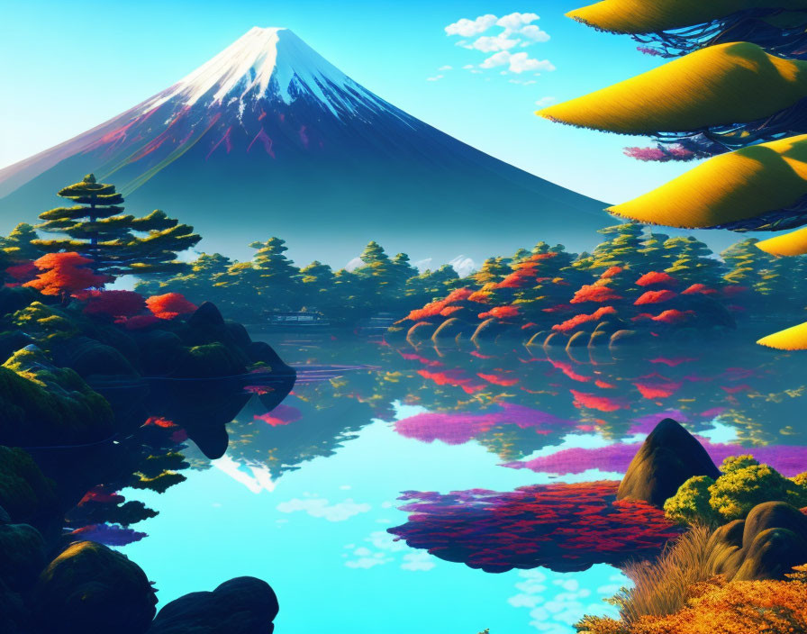 Digital artwork: Snow-capped Mount Fuji with autumn flora and water reflection