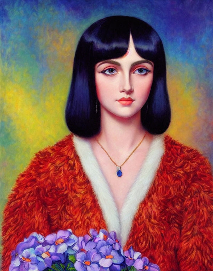 Portrait of woman with black hair in red fur coat, holding purple flowers on colorful background
