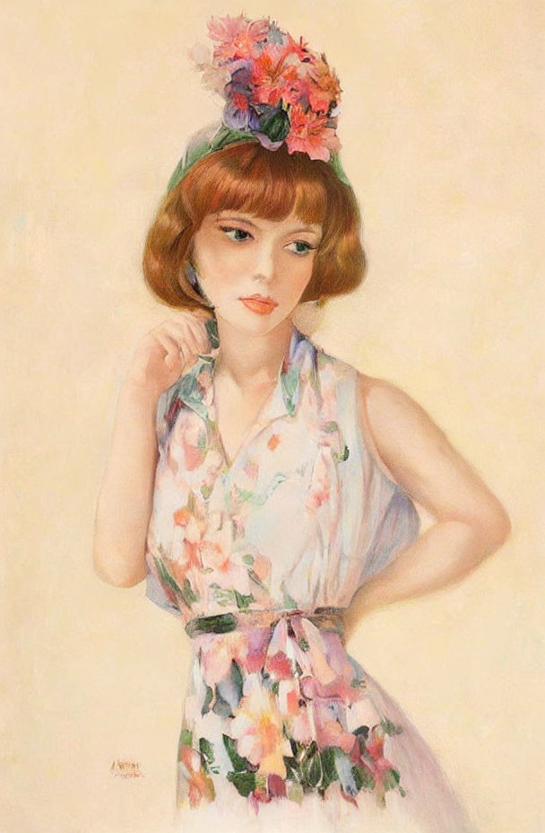 Vintage-style painting: Young woman in floral hat and dress posing against light background