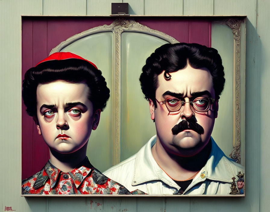 Stylized painting of boy and man with solemn expressions against wooden wall
