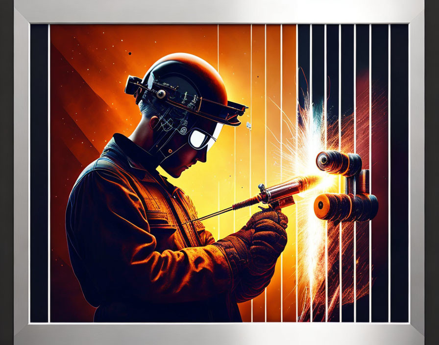 Welder in protective gear working on metal with bright sparks on orange background