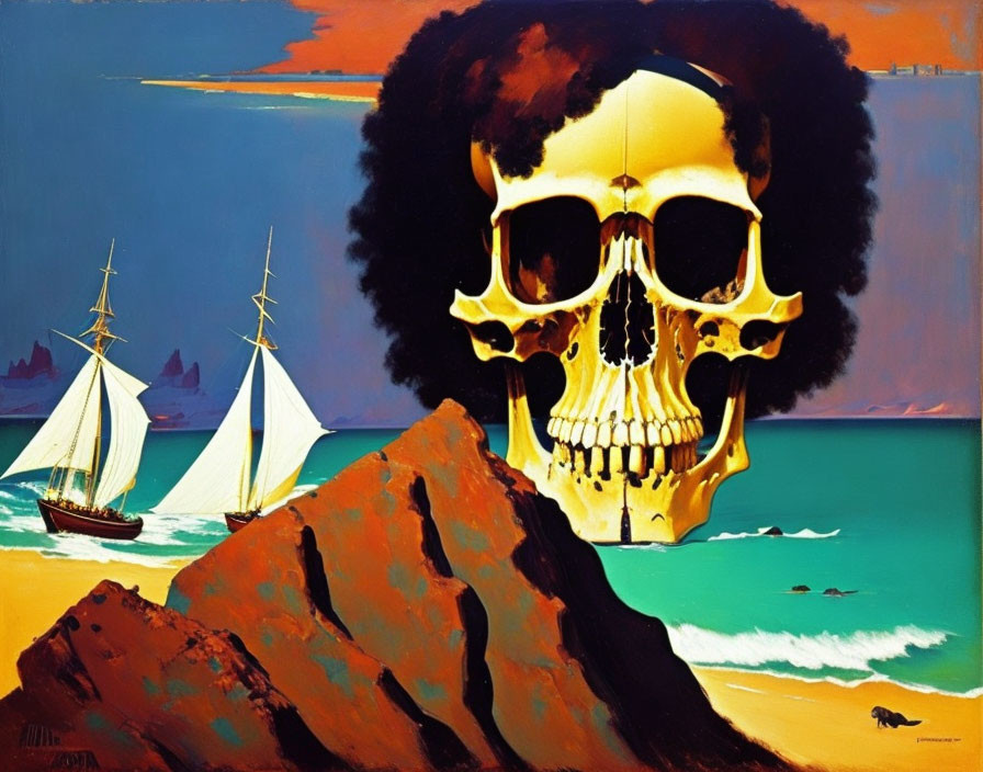 Skull with afro hairstyle in surreal seascape with ships and rocky foreground