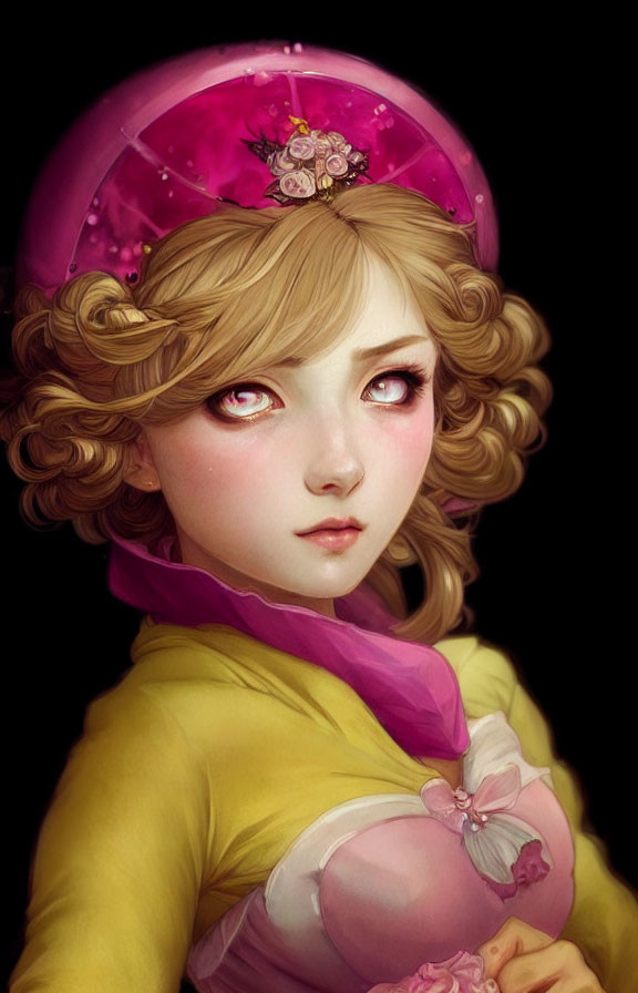Girl with Curly Hair in Pink Hat, Pink Eyes, Yellow Top, and Pink Scarf