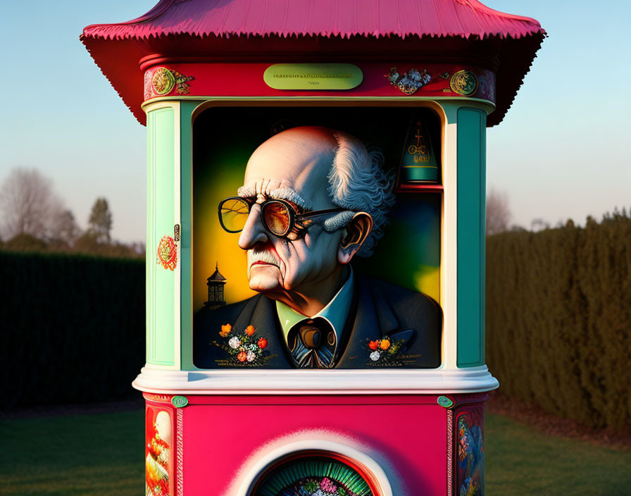 Stoic man with glasses on vintage music box against dusk sky