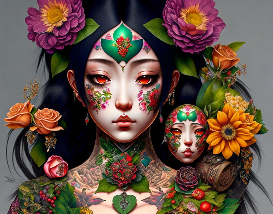 Woman with floral tattoos and ornate makeup holding a mask amid vibrant flowers