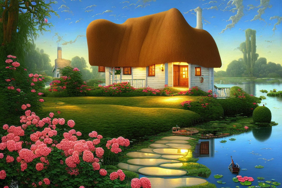 Whimsical mushroom-shaped cottage in lush garden with pond and pink flowers