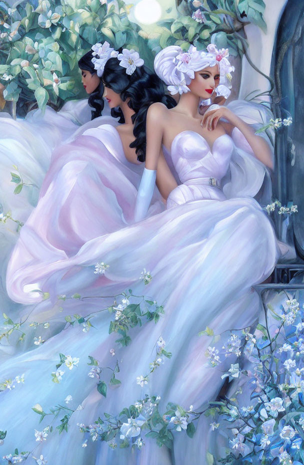 Three elegant women in white floral gowns among lush blossoms