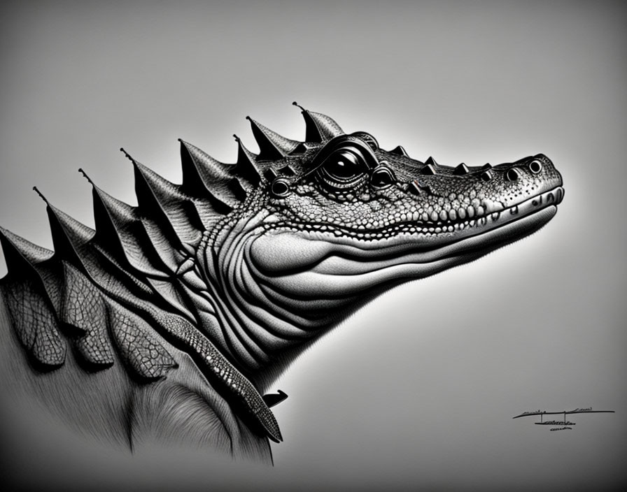 Detailed Black and White Alligator Illustration with Pronounced Scales