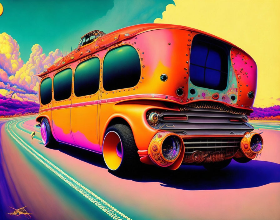 Colorful Stylized Retro Bus on Road with Psychedelic Sky