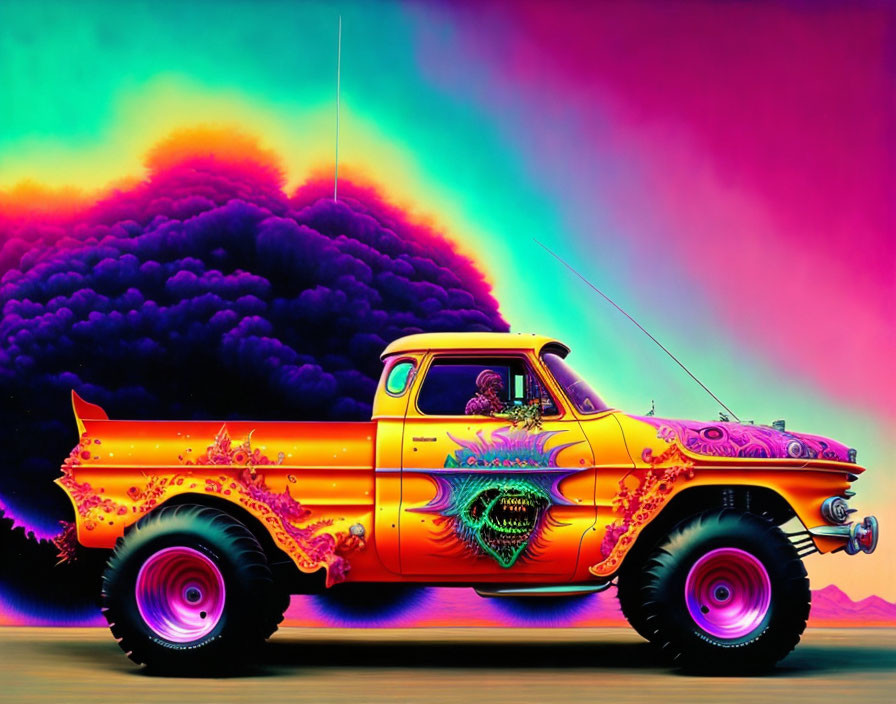 Colorful psychedelic artwork of classic pickup truck on dreamy cloud background