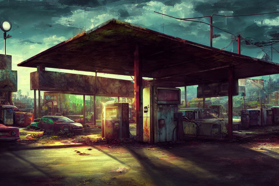 Desolate abandoned gas station with rusty pumps and derelict cars in gloomy landscape