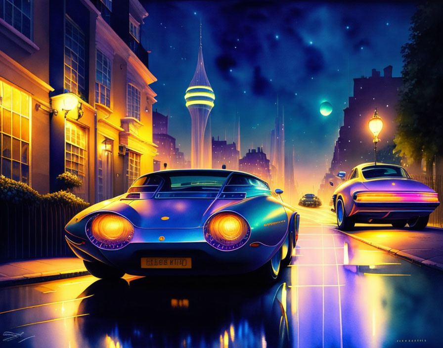 Futuristic cityscape at dusk with neon-lit streets & retro cars