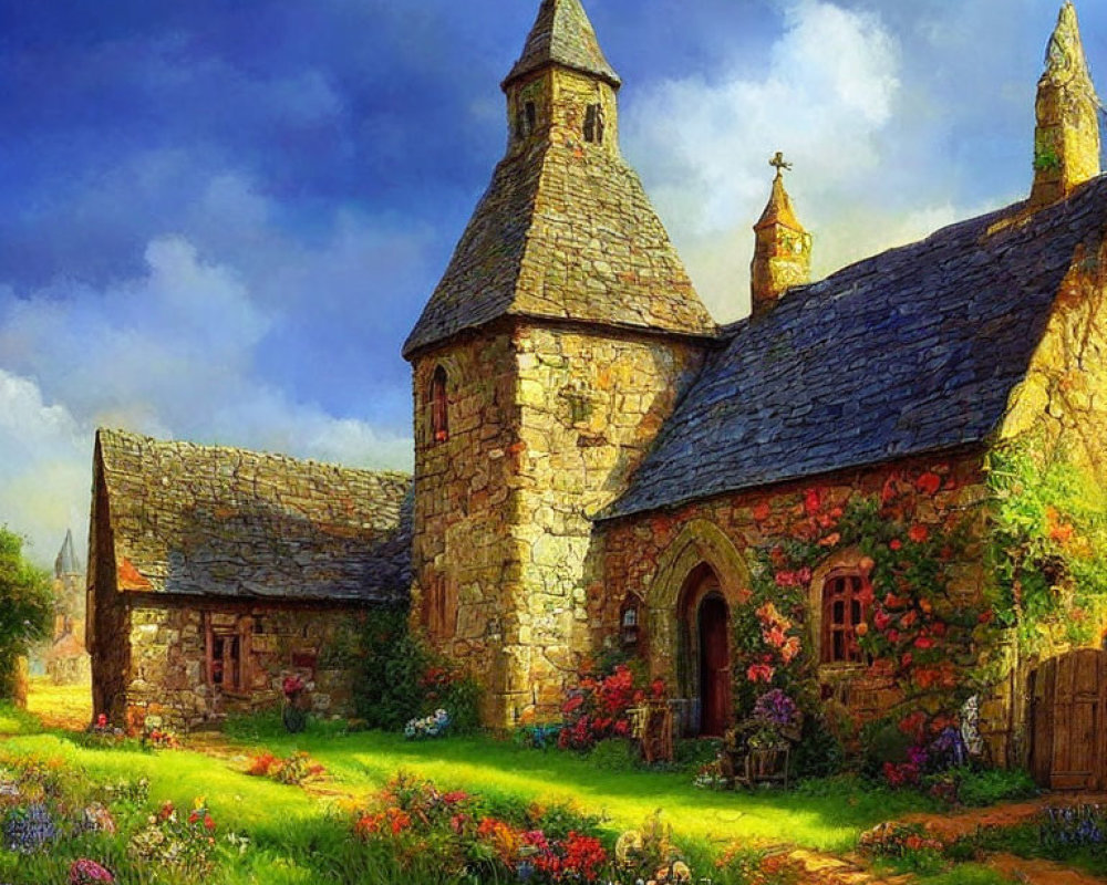 Stone church with turret in lush garden setting under blue sky
