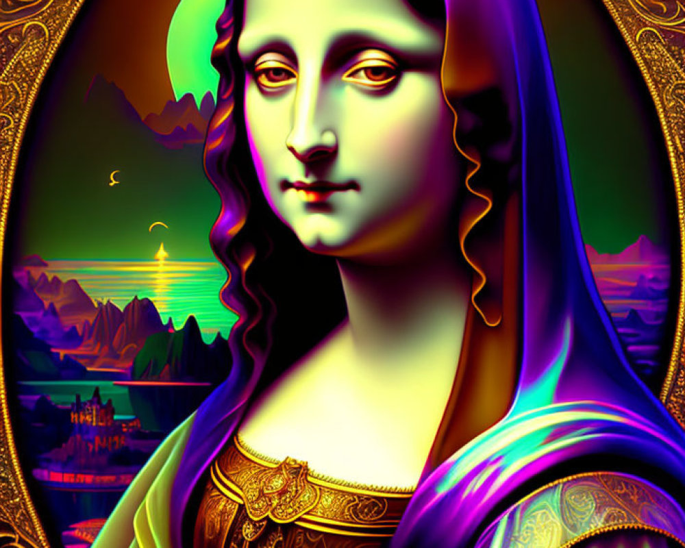 Colorful Psychedelic Mona Lisa with Neon Hues and Fantasy Landscape