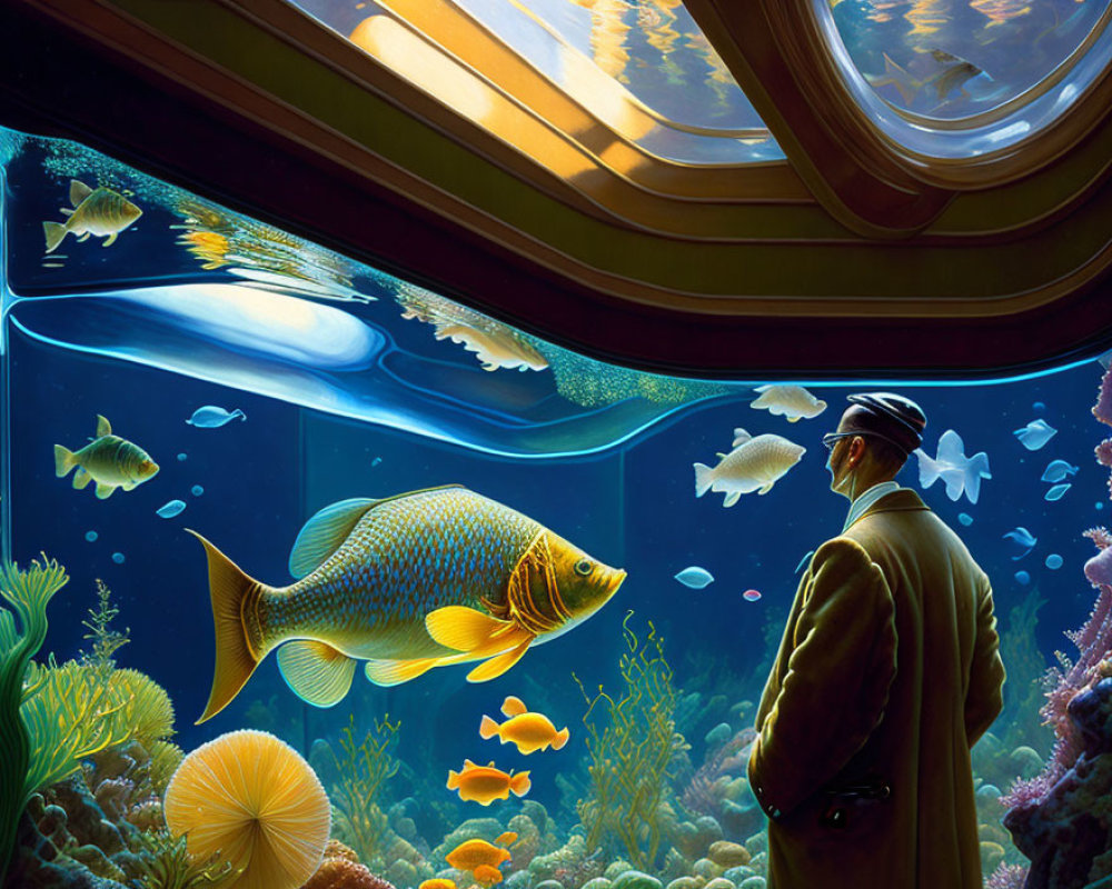Man in coat and hat watches fish in curved aquarium with sunlight.