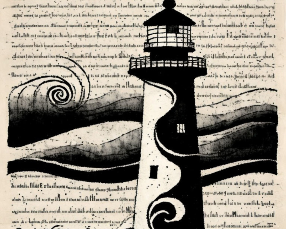 Monochrome lighthouse illustration with light beams and waves on text background