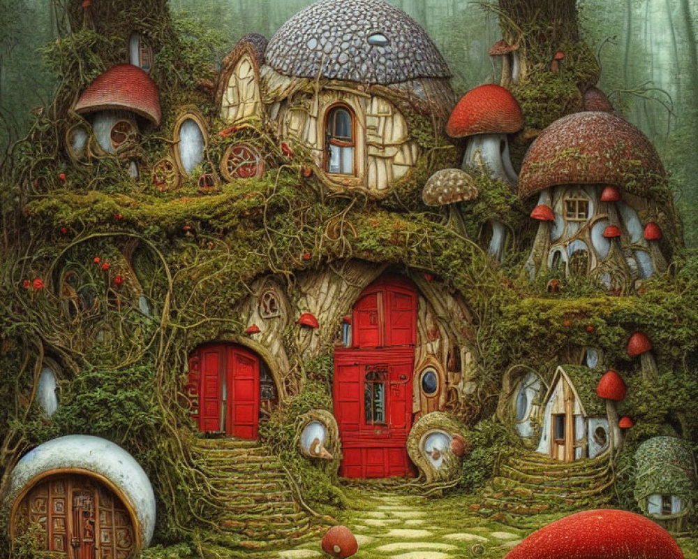 Whimsical mushroom houses in enchanted forest scene