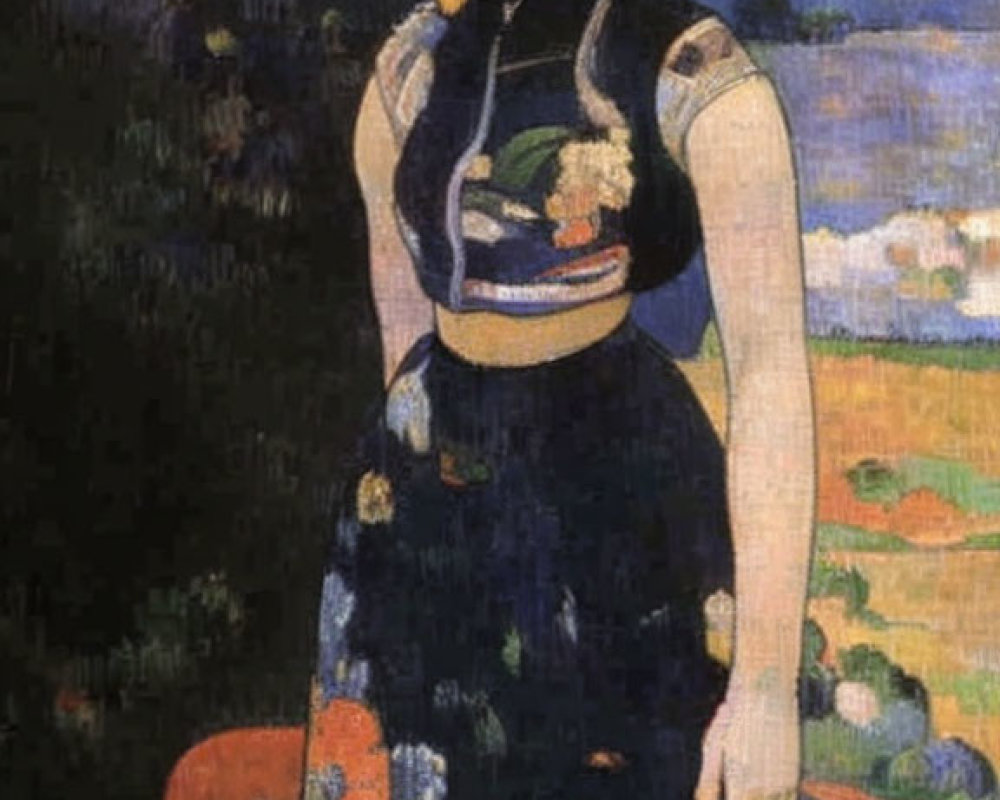 Vivid painting of woman in traditional dress with floral patterns
