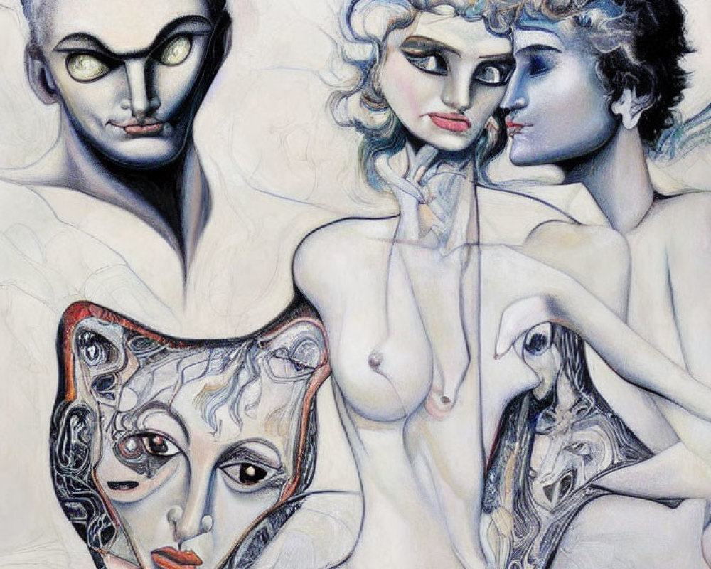 Abstract Painting Featuring Four Faces: Two Female with Curly Hair, One Male with Mask, and Fragment