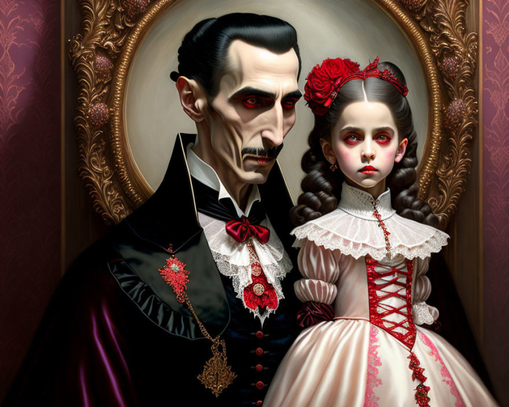 Gothic-style painting: Pale man as vampire & young girl in Victorian dress with red accents