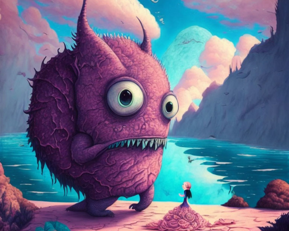 Fluffy purple monster and girl drawing near water edge