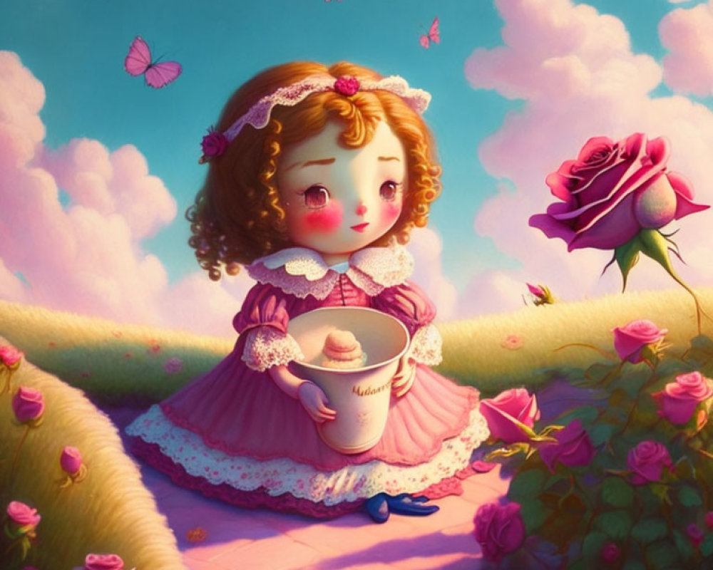 Whimsical illustration of young girl with cupcake in pink dress among roses and butterflies