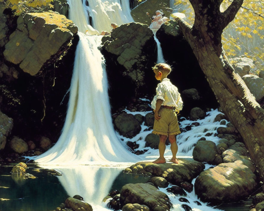Young boy admires waterfall in autumn setting with sunlight and trees