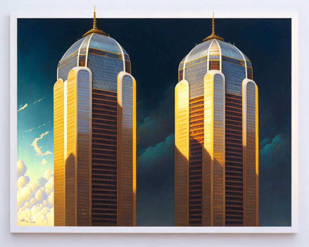 Twin skyscrapers with golden spires in sunlight against fluffy white clouds
