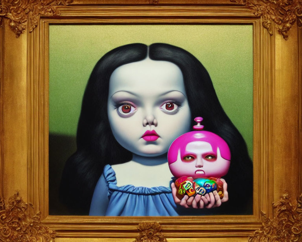 Surreal painting: girl with large eyes holding doll-like figure, colorful cubes, ornate golden