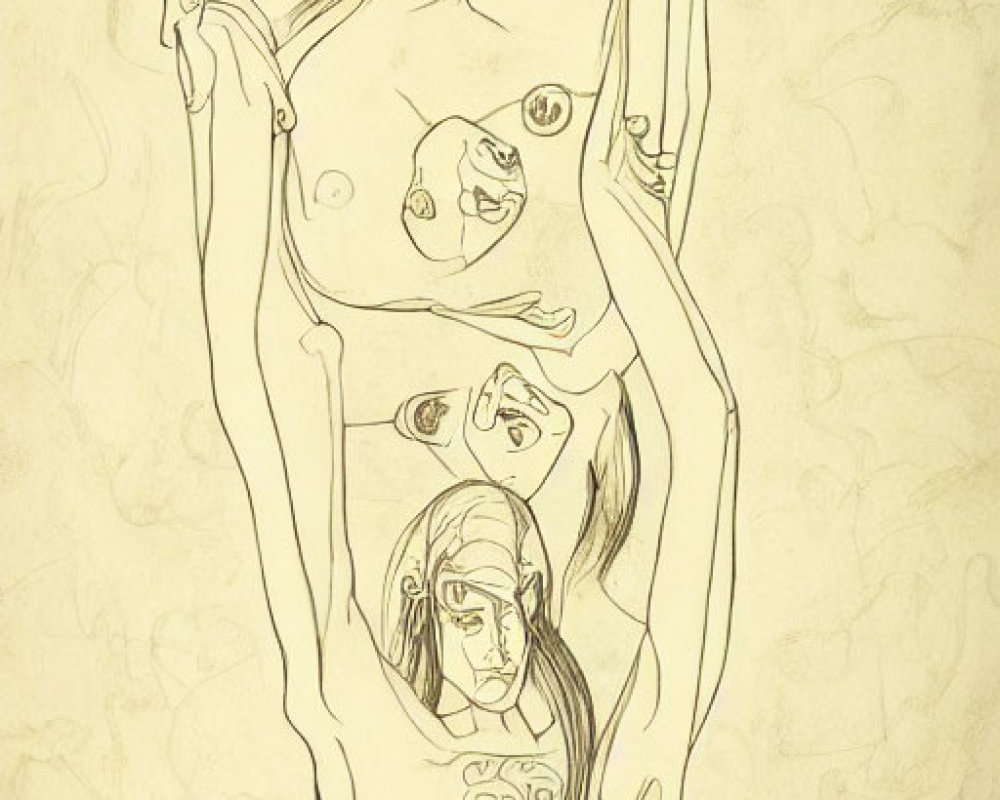 Abstract sketch: Figure with elongated limbs & multiple facial features in Picasso-style