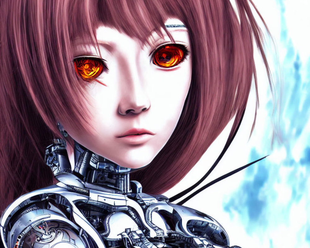 Female Android Digital Artwork: Red-Eyed, Brown-Haired, Mechanical Features