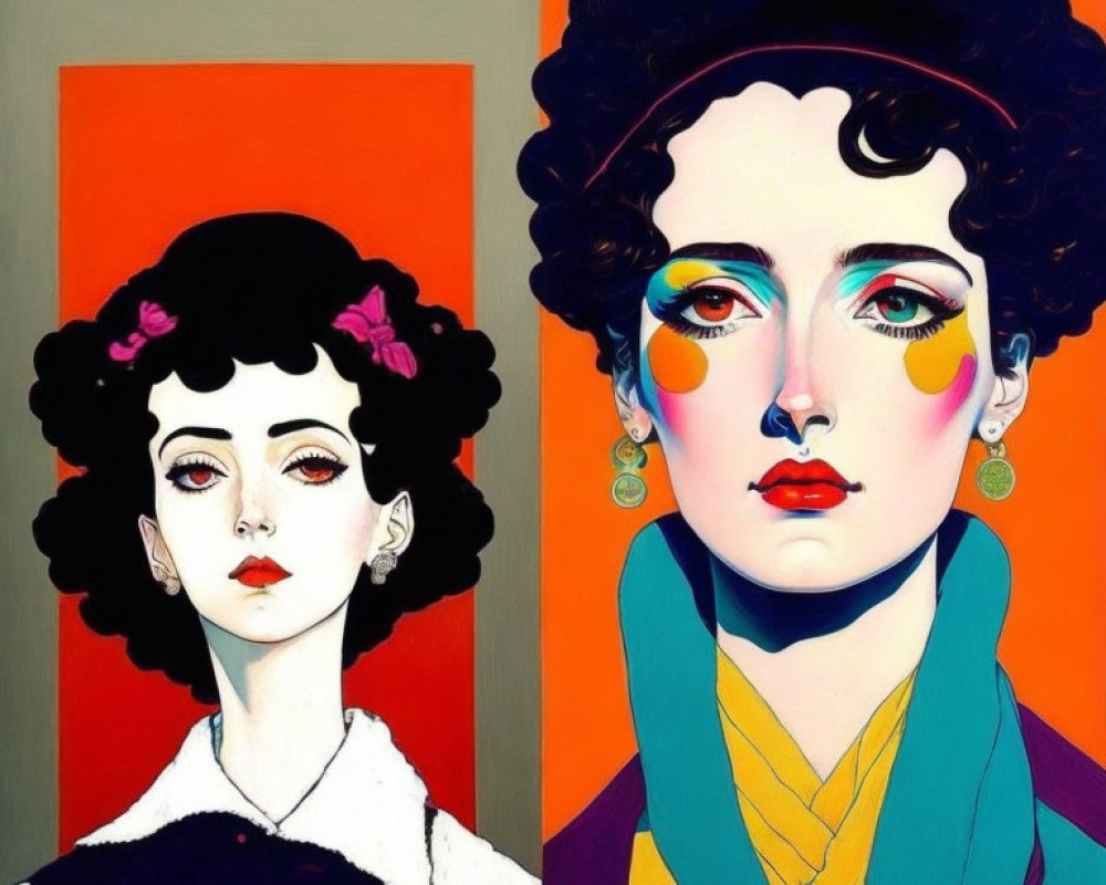 Stylized portraits of women with exaggerated features and vibrant make-up on colorful backdrop