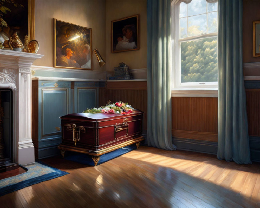 Room with wooden panels, large window, casket with flowers, fireplace, and paintings