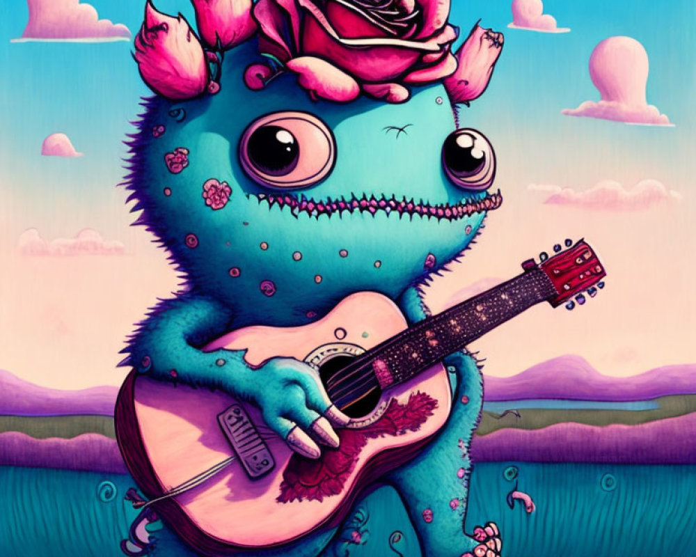 Blue reptilian creature with rose-topped head playing guitar under pink sky