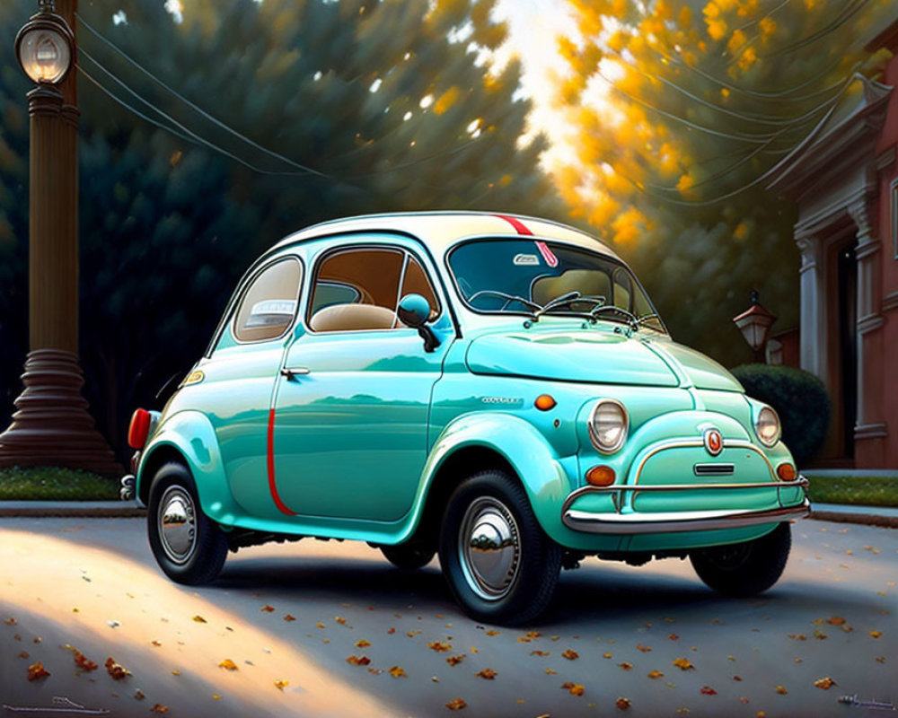Vintage Turquoise Fiat 500 with Red Stripe on Peaceful Street at Sunset