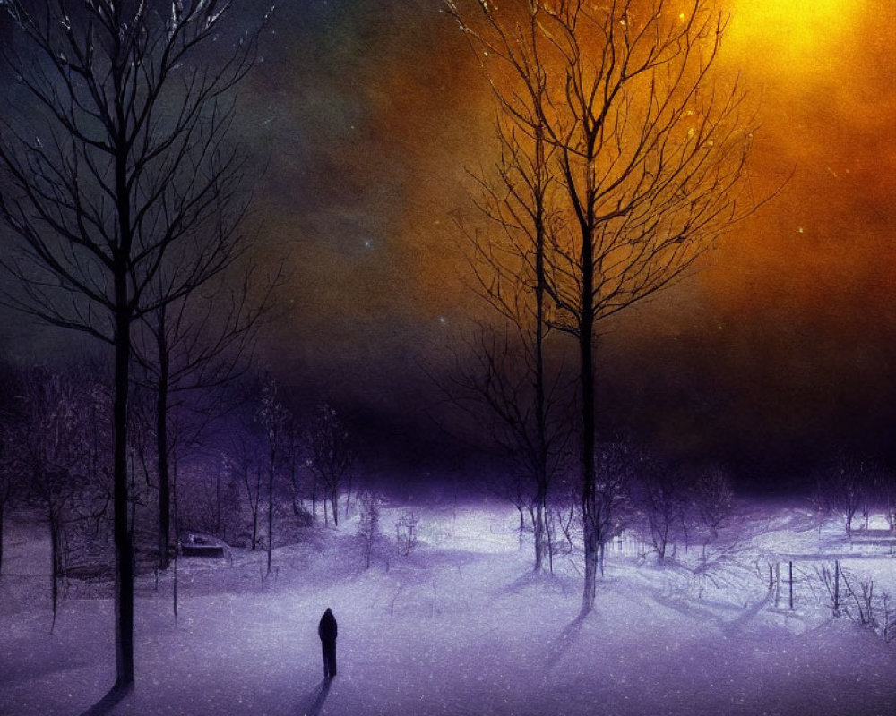 Figure in snowy twilight landscape with bare trees and glowing orange light
