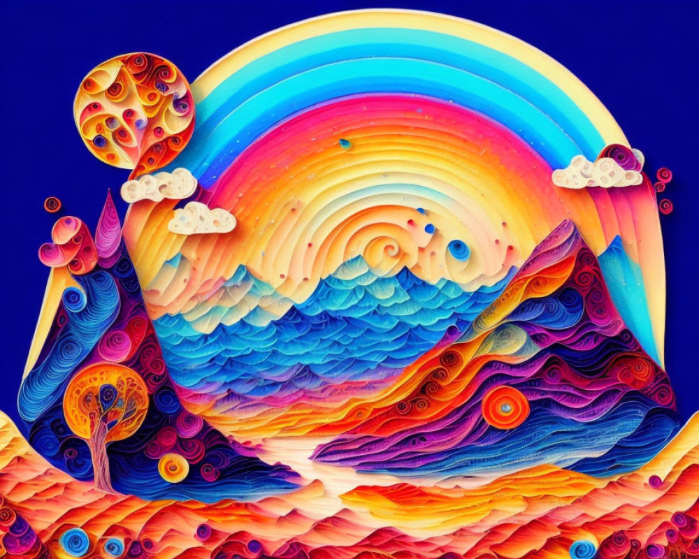 Colorful Psychedelic Landscape with Swirling Patterns and Rainbow Sky