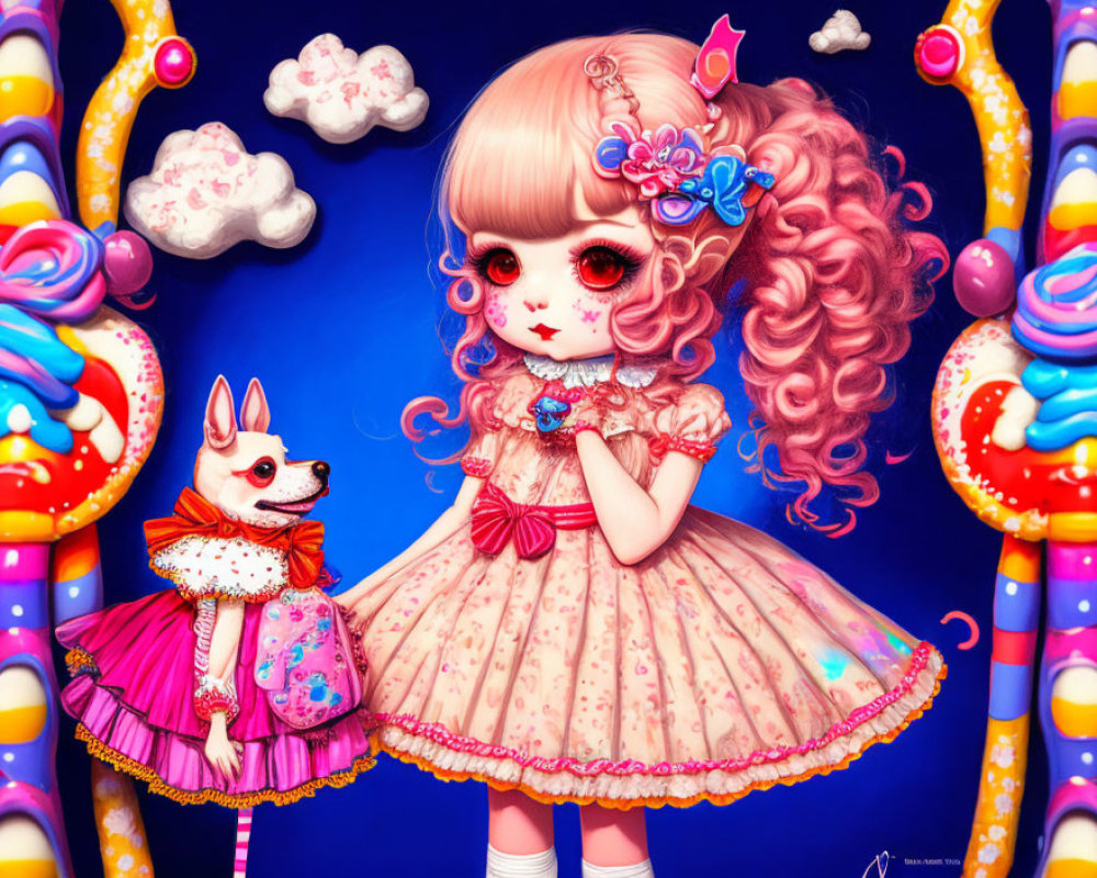 Stylized illustration of girl with big eyes and pink hair in frilly dress with dog in candy