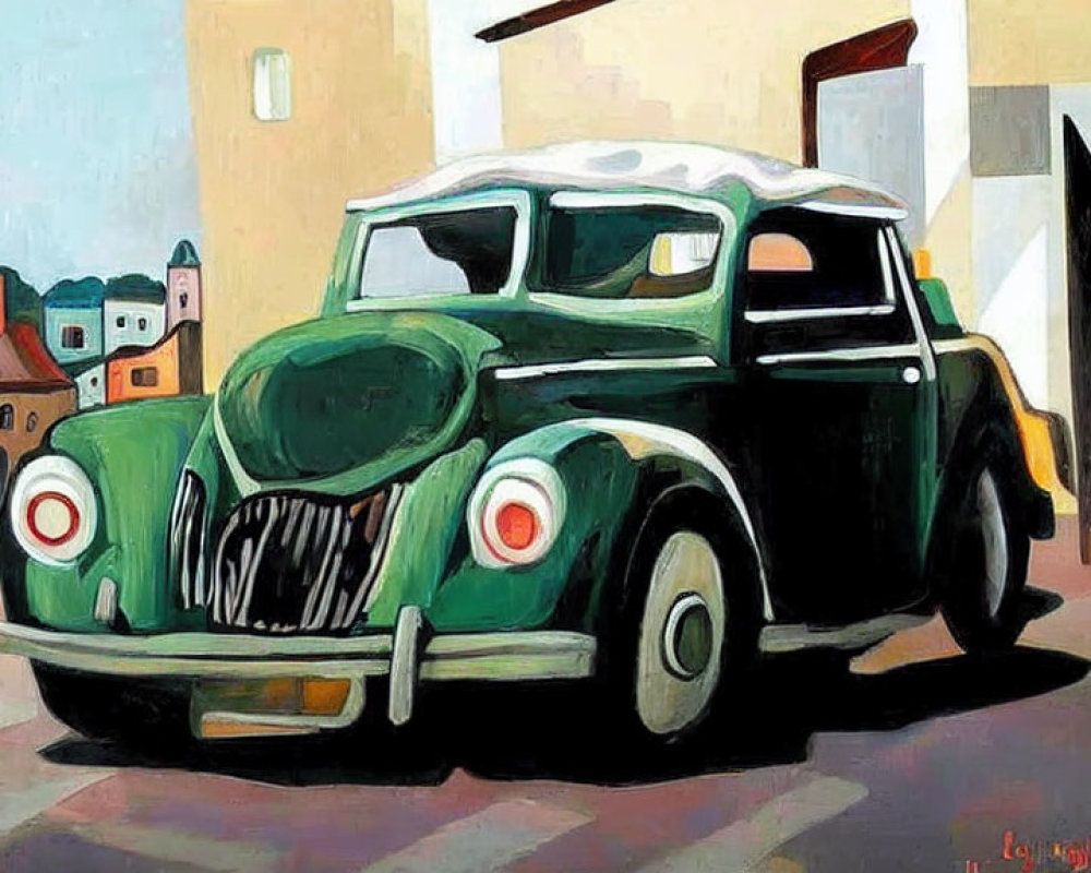 Colorful vintage car painting with exaggerated curves in stylized street scene