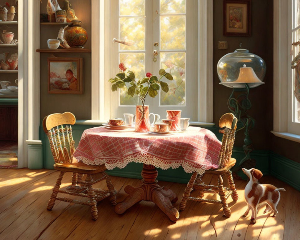 Inviting Dining Room with Sunlit Windows, Wooden Table, Pottery, Paintings, and Play