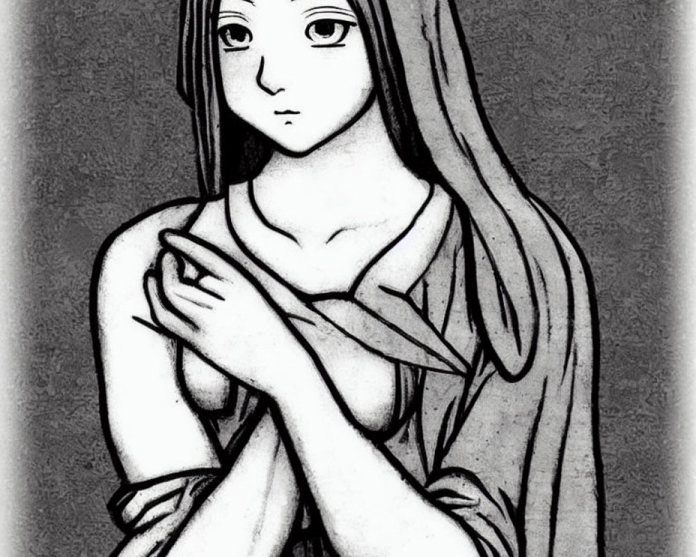 Monochrome sketch of a somber young woman with long hair and crossed hands